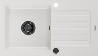 Mexen Pablo granitinė vienos kameros kriauklė su nutekėjimu 752 x 436 mm, balta, juodas sifonas - 6510751010-20-B
