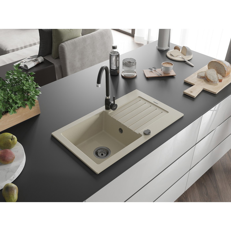 Mexen Pablo granitinė 1 skyrelio plautuvė su nuotėkų zona 752 x 436 mm, smėlio spalvos, juodas sifonas - 6510751010-69-B