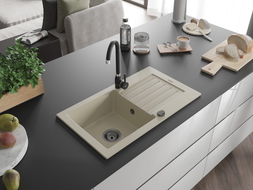 Mexen Pablo granitinė 1 skyrelio plautuvė su nuotėkų zona 752 x 436 mm, smėlio spalvos, juodas sifonas - 6510751010-69-B