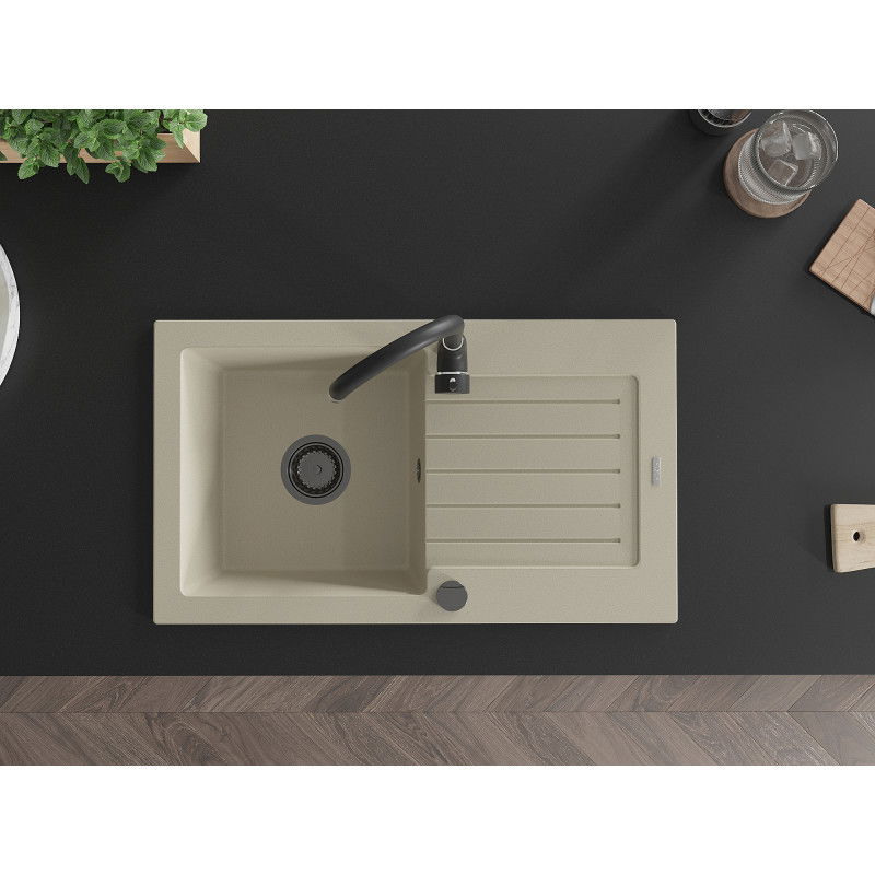 Mexen Pablo granito plautuvė su nusausintuvu, 1 skyrius, 752 x 436 mm, smėlio spalvos, juodas sifonas - 6510751010-69-B