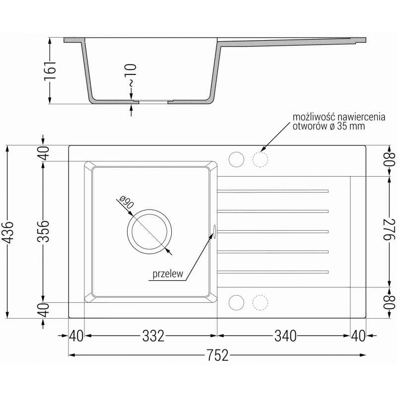 Mexen Pablo granito plautuvė su vienu dubeniu ir drenažu, 752 x 436 mm, pilka, juodas sifonas - 6510751010-71-B