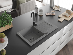 Mexen Pablo granito plautuvė su vienu dubeniu ir drenažu, 752 x 436 mm, pilka, juodas sifonas - 6510751010-71-B