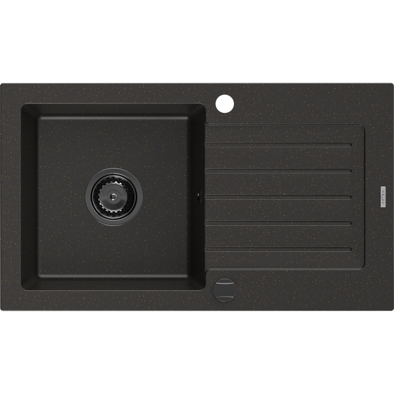 Mexen Pablo granitinė plautuvė 1 skyrius su nutekėjimo lentyna 752 x 436 mm, juoda/auksinis metalikas, juodas sifonas