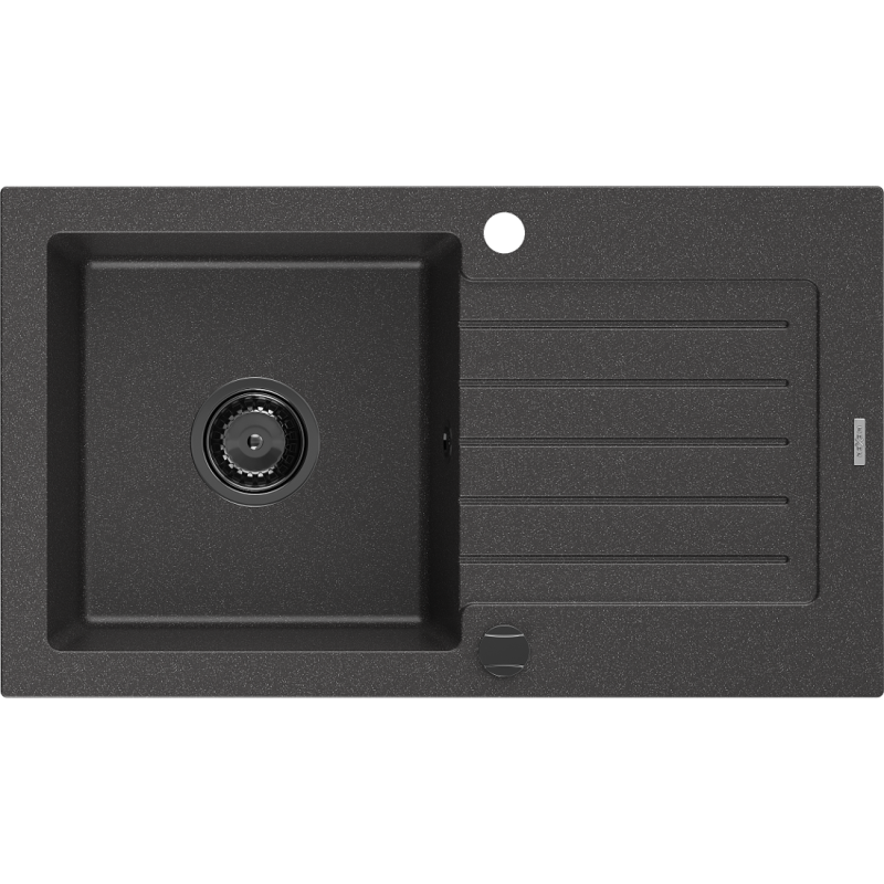 Mexen Pablo granitinė vienos kameros plautuvė su nutekėjimu, 752 x 436 mm, juoda dėmėta, juodas sifonas - 6510751010-76-B