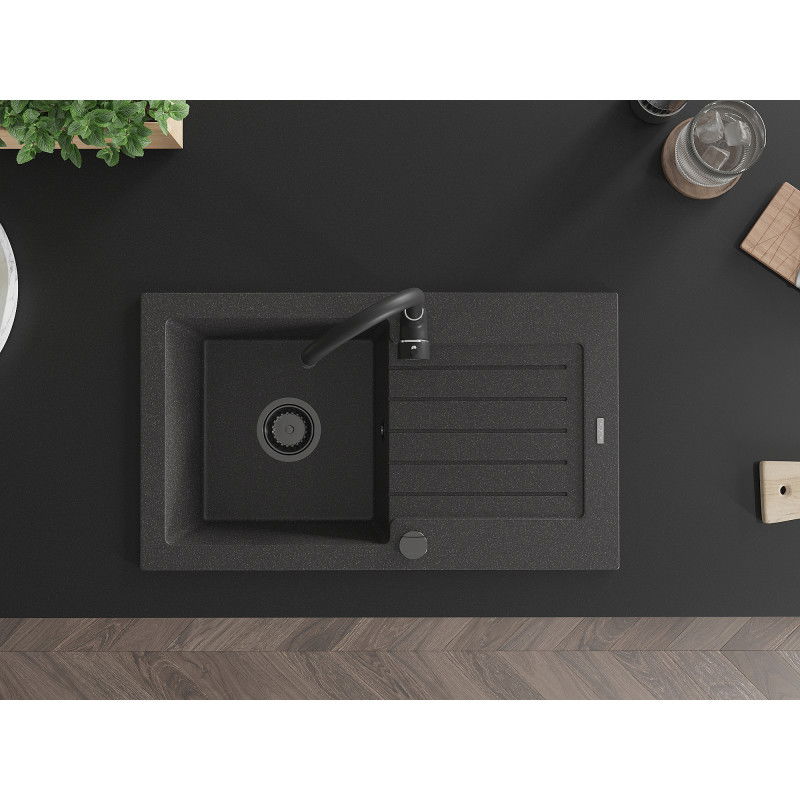 Mexen Pablo granitinė vienos kameros plautuvė su nutekėjimu, 752 x 436 mm, juoda dėmėta, juodas sifonas - 6510751010-76-B