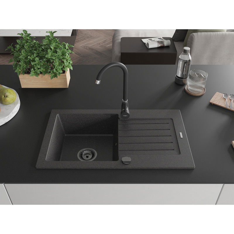 Mexen Pablo granitinė vienos kameros plautuvė su nutekėjimu, 752 x 436 mm, juoda dėmėta, juodas sifonas - 6510751010-76-B