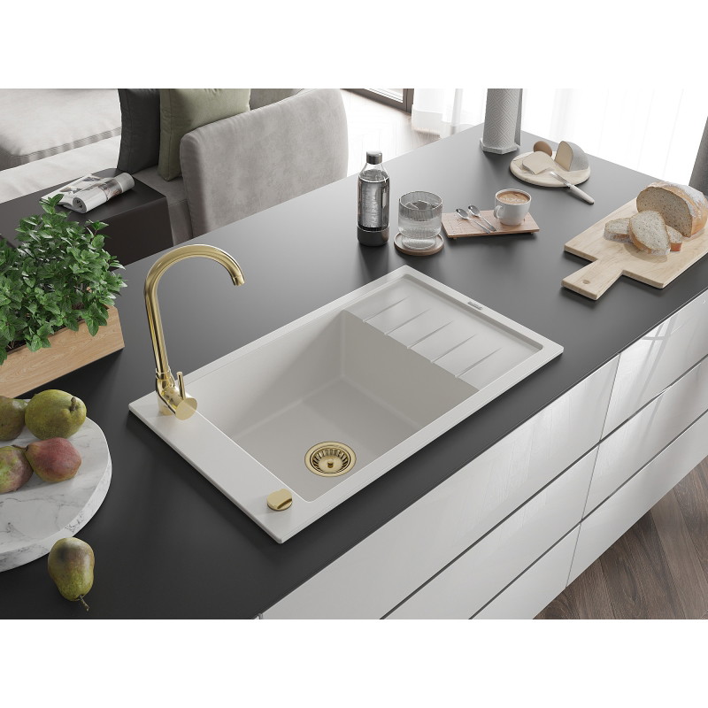 Mexen Elias granitinė vienaaukštė plautuvė su lašintuvu 795 x 480 mm, balta, auksinis sifonas - 6511791005-20-G