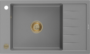 Mexen Elias granitinė vienos kameros plautuvė su nutekamąja dalimi 795 x 480 mm, pilka, aukso sifonas - 6511791005-71-G