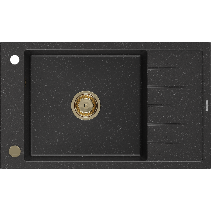 Mexen Elias granitinė vienos dalies plautuvė su lašintuvu 795 x 480 mm, juoda/sidabrinė metalinė, aukso spalvos sifonas