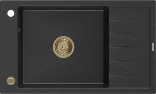 Mexen Elias granitinė vienos dalies plautuvė su lašintuvu 795 x 480 mm, juoda/sidabrinė metalinė, aukso spalvos sifonas