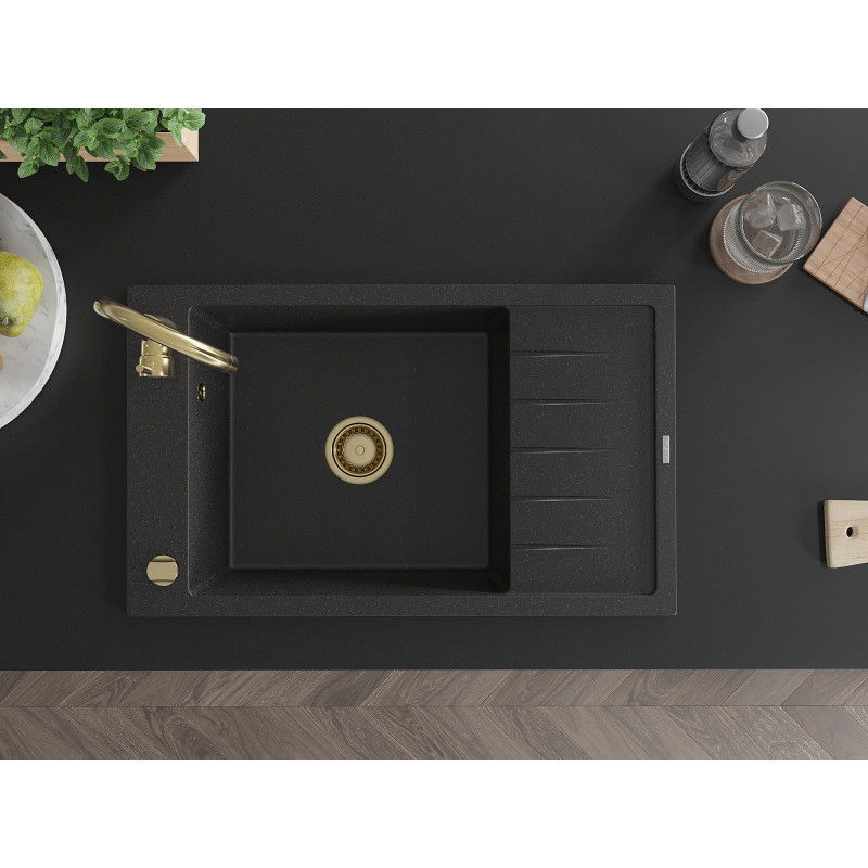 Mexen Elias granitinė vienos dalies plautuvė su lašintuvu 795 x 480 mm, juoda/sidabrinė metalinė, aukso spalvos sifonas