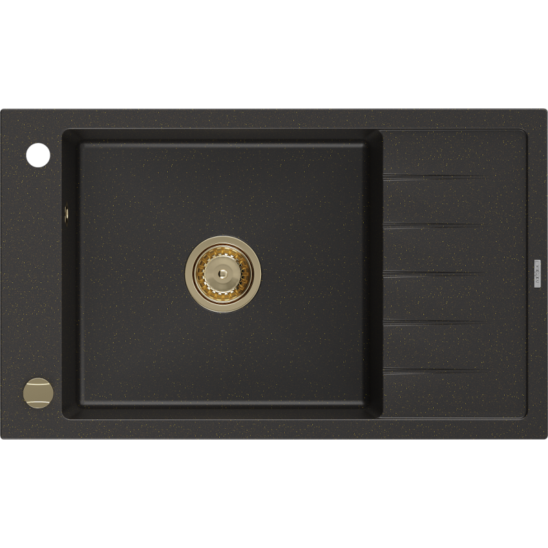 Mexen Elias Granitinė 1 skyrelio kriauklė su nusausintuvu 795 x 480 mm, juoda/auksinis metalikas, auksinis sifonas