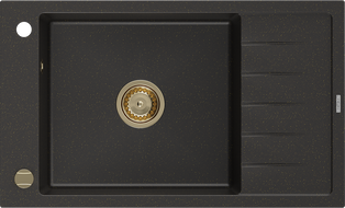 Mexen Elias Granitinė 1 skyrelio kriauklė su nusausintuvu 795 x 480 mm, juoda/auksinis metalikas, auksinis sifonas
