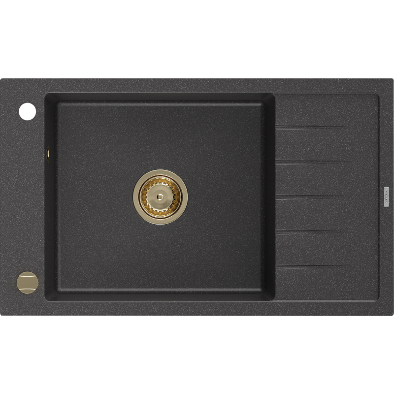 Mexen Elias granitinė plautuvė su viena kamera ir lašektuve 795 x 480 mm, juoda dėmėta, auksinis sifonas - 6511791005-76-G