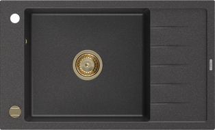 Mexen Elias granitinė plautuvė su viena kamera ir lašektuve 795 x 480 mm, juoda dėmėta, auksinis sifonas - 6511791005-76-G