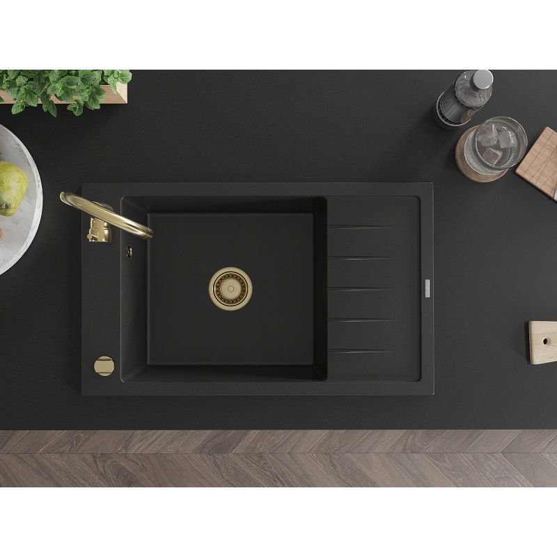 Mexen Elias granito plautuvė 1-dubens su nusausinimu 795 x 480 mm, juoda, aukso sifonas - 6511791005-77-G