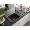 Mexen Elias 1 skyrių granitinė kriauklė su lašintuvu 795 x 480 mm, juoda, auksinis sifonas - 6511791005-77-G
