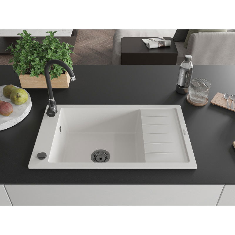 Mexen Elias granitinis vienos kameros plautuvas su nusausinimo zona 795 x 480 mm, baltas, juodas sifonas - 6511791005-20-B