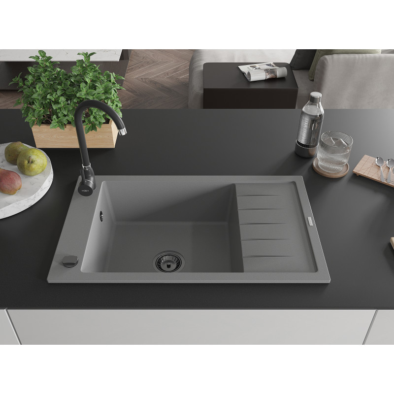 Mexen Elias grindinis virtuvės kriauklė 1 kameros, su nutekėjimo lenta 795 x 480 mm, pilka, juodas sifonas - 6511791005-71-B