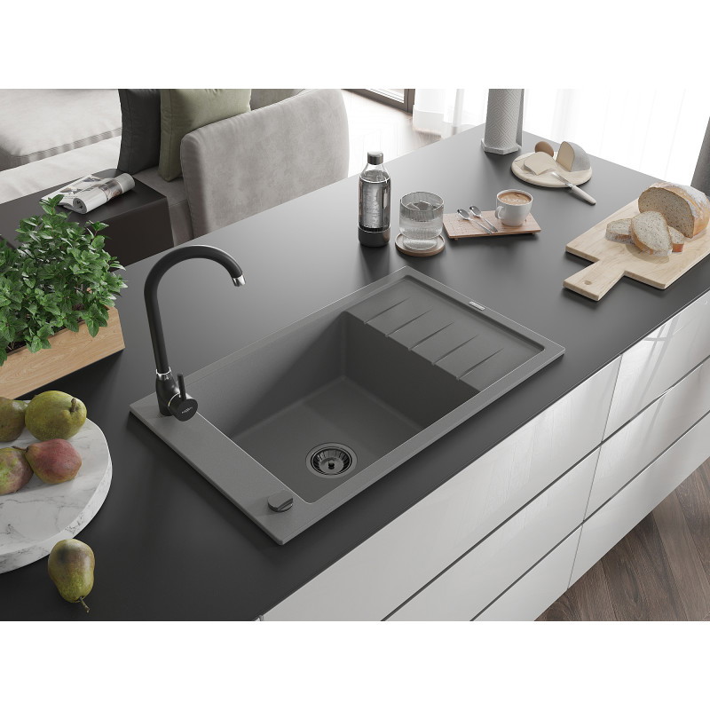 Mexen Elias grindinis virtuvės kriauklė 1 kameros, su nutekėjimo lenta 795 x 480 mm, pilka, juodas sifonas - 6511791005-71-B