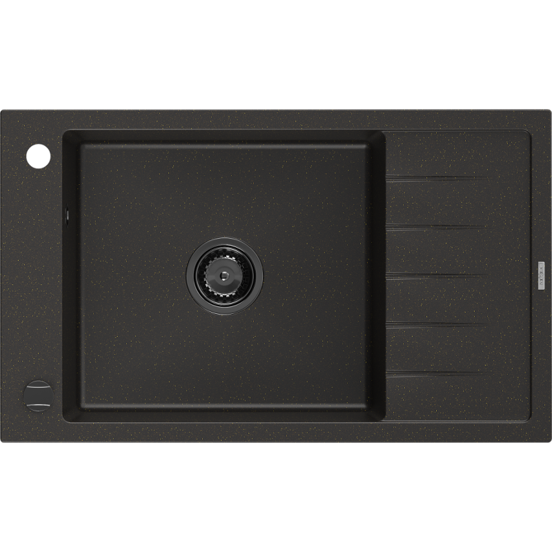 Mexen Elias granitinė vienos kameros kriauklė su nutekėjimu 795 x 480 mm, juoda/auksinė metalikinė, juodas sifonas