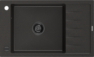 Mexen Elias granitinė vienos kameros kriauklė su nutekėjimu 795 x 480 mm, juoda/auksinė metalikinė, juodas sifonas