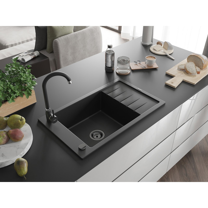 Mexen Elias granitinė vienos komoros kriauklė su nutekamu 795 x 480 mm, juoda, juodas sifonas - 6511791005-77-B