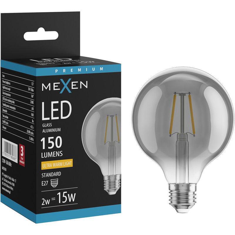 Mexen Vintis LED siūlelių lemputė E27, G95, 2W, Šilta - 2200K, 150 lm, dūminė - L157-E27-0222-70