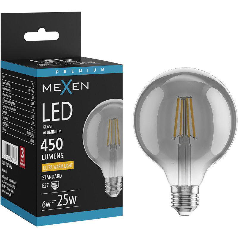 Mexen Vintis LED filamentinė lemputė E27, G95, 6W, Šilta - 2200K, 450 lm, dūminė - L157-E27-0622-70