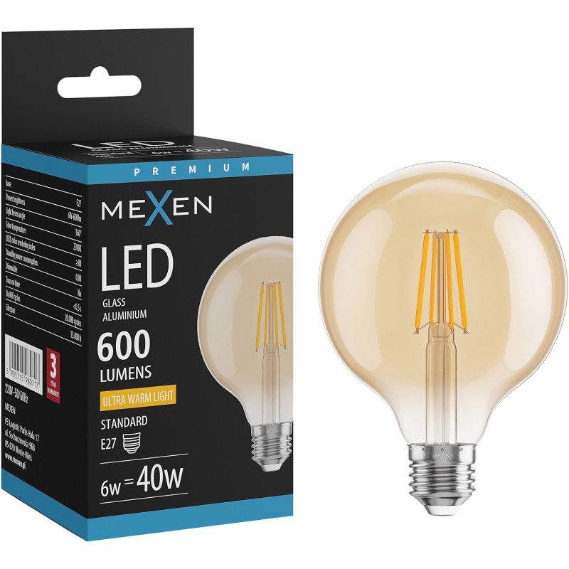 Mexen Vintis LED gijų lemputė E27, G95, 6W, Šiltai balta - 2200K, 600 lm, gintaro - L157-E27-0622-50