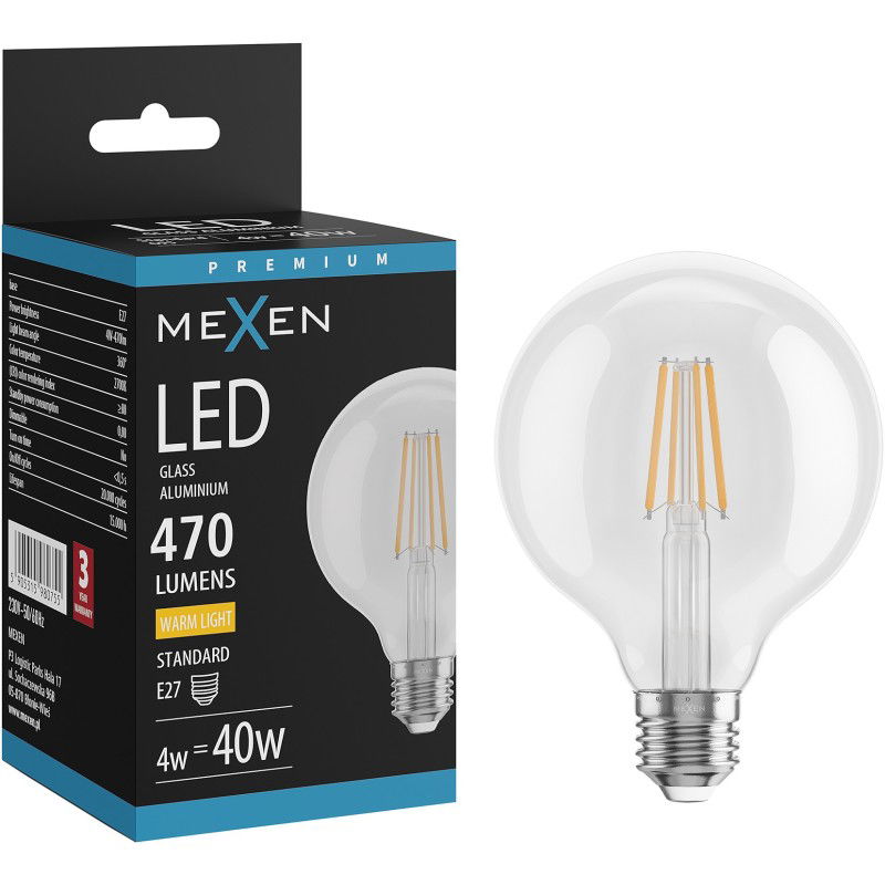 Mexen Vintis LED gijų lemputė E27, G95, 4W, Šilta - 2700K, 470 lm, skaidri - L157-E27-0427-00