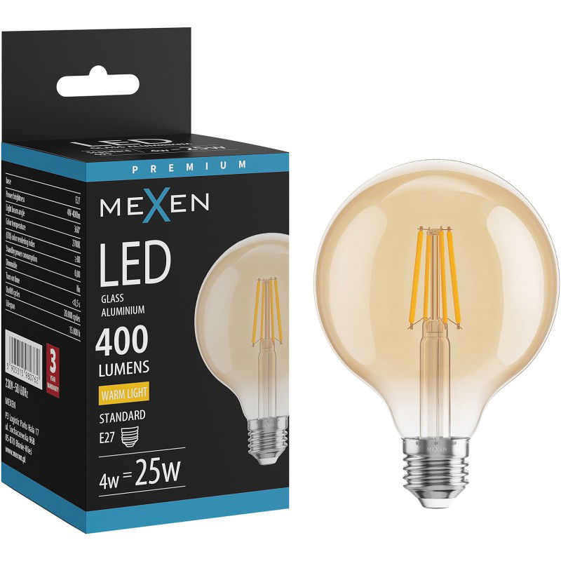 Mexen Vintis LED kaitrinė lempa E27, G95, 4W, Šilta - 2700K, 400 lm, gintarinė - L157-E27-0427-50