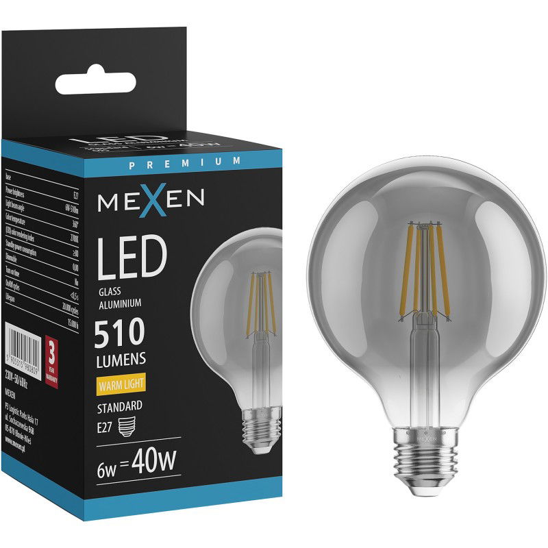 Mexen Vintis LED filamentinė lemputė E27, G95, 6W, Šilta - 2700K, 510 lm, dūminė - L157-E27-0627-70