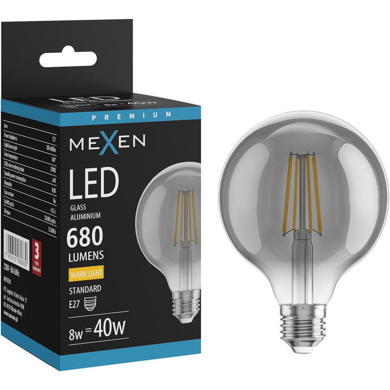 Mexen Vintis Filamentinė LED lemputė E27, G95, 8W, Šilta - 2700K, 680 lm, dūmų spalvos - L157-E27-0827-70