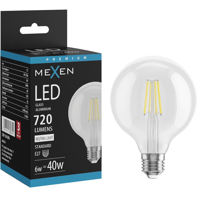 Mexen Vintis LED filamentinė lemputė E27, G95, 6W, Neutralus - 4000K, 720 lm, skaidrus - L157-E27-0640-00