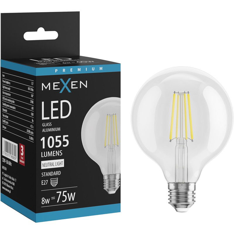 Mexen Vintis LED siūlelio lemputė E27, G95, 8W, Neutrali - 4000K, 1055 lm, skaidri - L157-E27-0840-00
