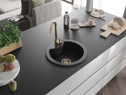 Mexen Diego vienguba granitinė plautuvė 488 x 480 mm, Juoda/Sidabrinis metallic, sifonas Auksinė - 6512481000-73-G