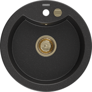 Mexen Diego granitinė plautuvė su viena kamera 488 x 480 mm, juoda/sidabrinė metaliko, auksinė sifonas - 6512481000-73-G