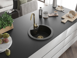 Mexen Diego vienguba granitinė plautuvė 488 x 480 mm, Juoda/Auksinė metallic, sifonas Auksinė - 6512481000-75-G