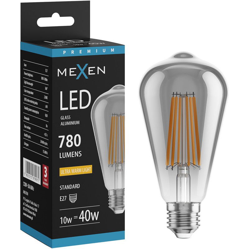 Mexen Vintis LED E27 gijų lemputė, ST64, 10W, Šilta - 2200K, 780 lm, dūminė - L152-E27-1022-70