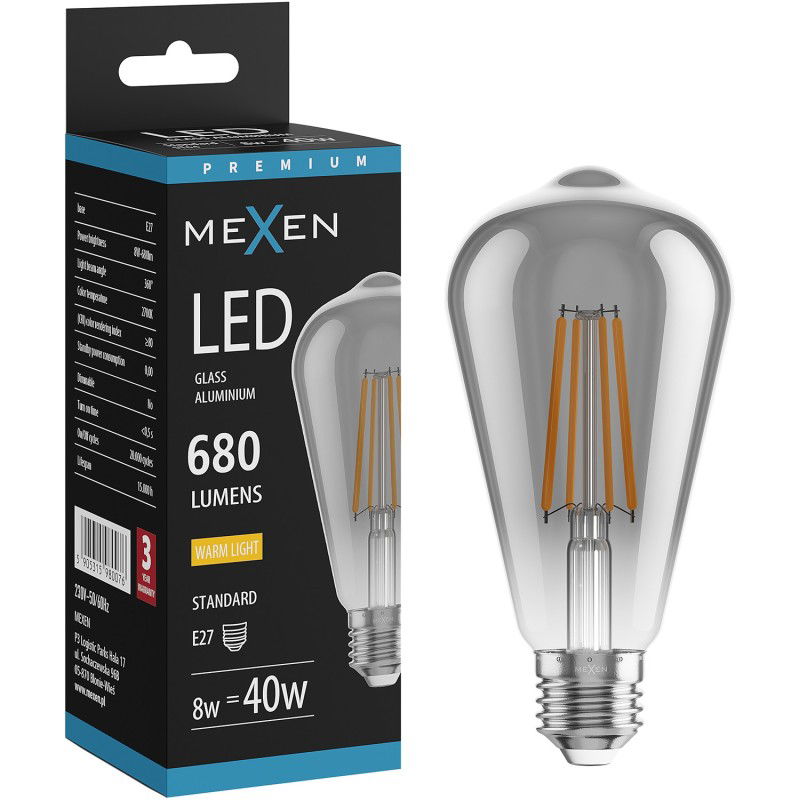 Mexen Vintis LED siūlelių lemputė E27, ST64, 8W, Šilta - 2700K, 680 lm, dūminė - L152-E27-0827-70