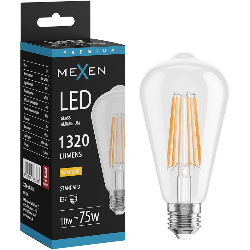 Mexen Vintis LED siūlelių lemputė E27, ST64, 10W, Šilta - 2700K, 1320 lm, skaidri - L152-E27-1027-00