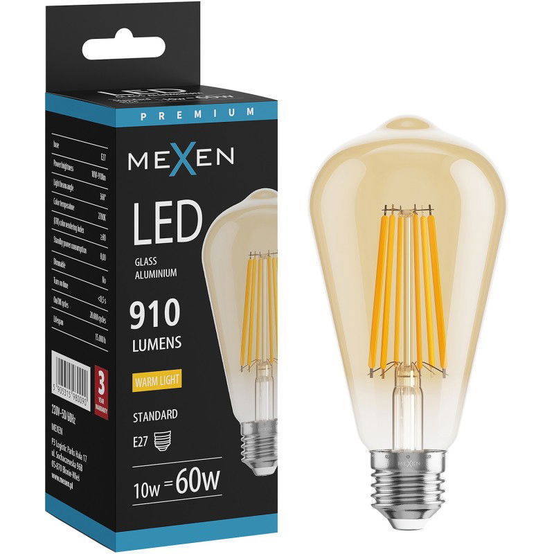 Mexen Vintis LED filamentinė lemputė E27, ST64, 10W, Šilta - 2700K, 910 lm, gintarinė - L152-E27-1027-50