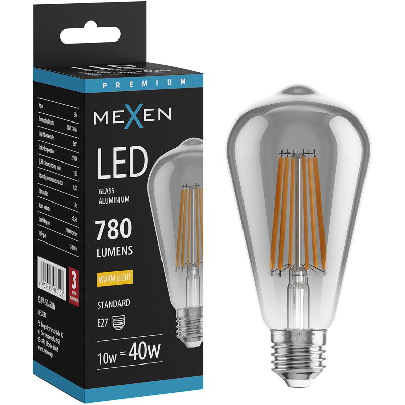 Mexen Vintis LED siūlelių lemputė E27, ST64, 10W, Šilta - 2700K, 780 lm, dūminė - L152-E27-1027-70