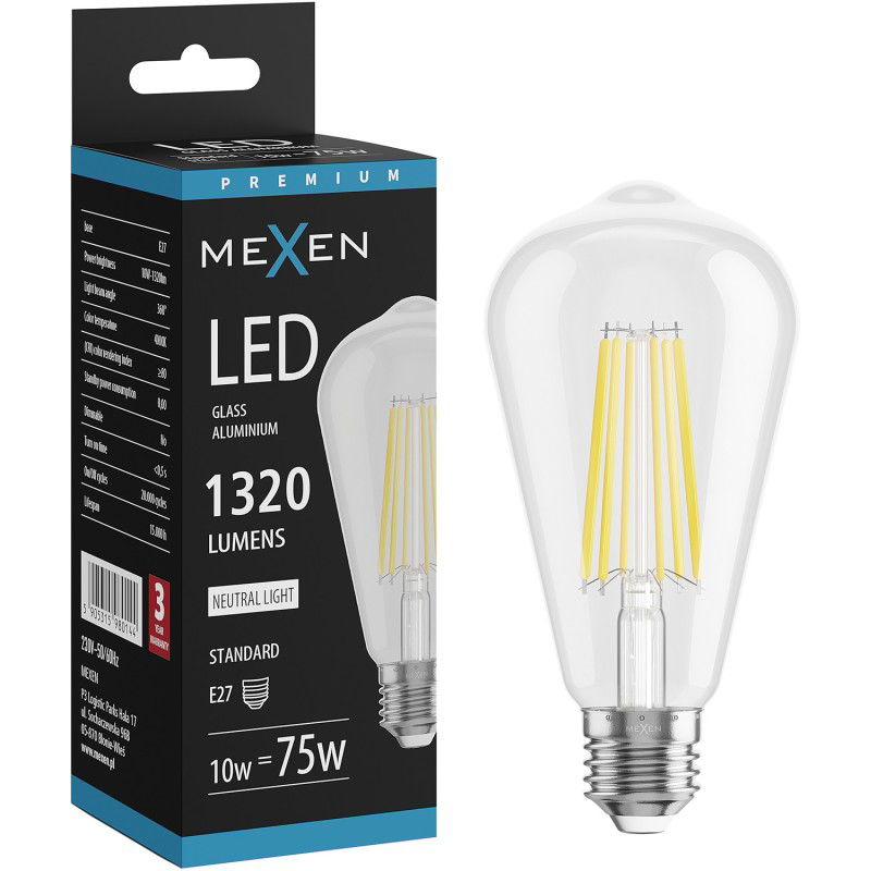 Mexen Vintis LED gijų lemputė E27, ST64, 10W, Neutralus - 4000K, 1320 lm, skaidrus - L152-E27-1040-00