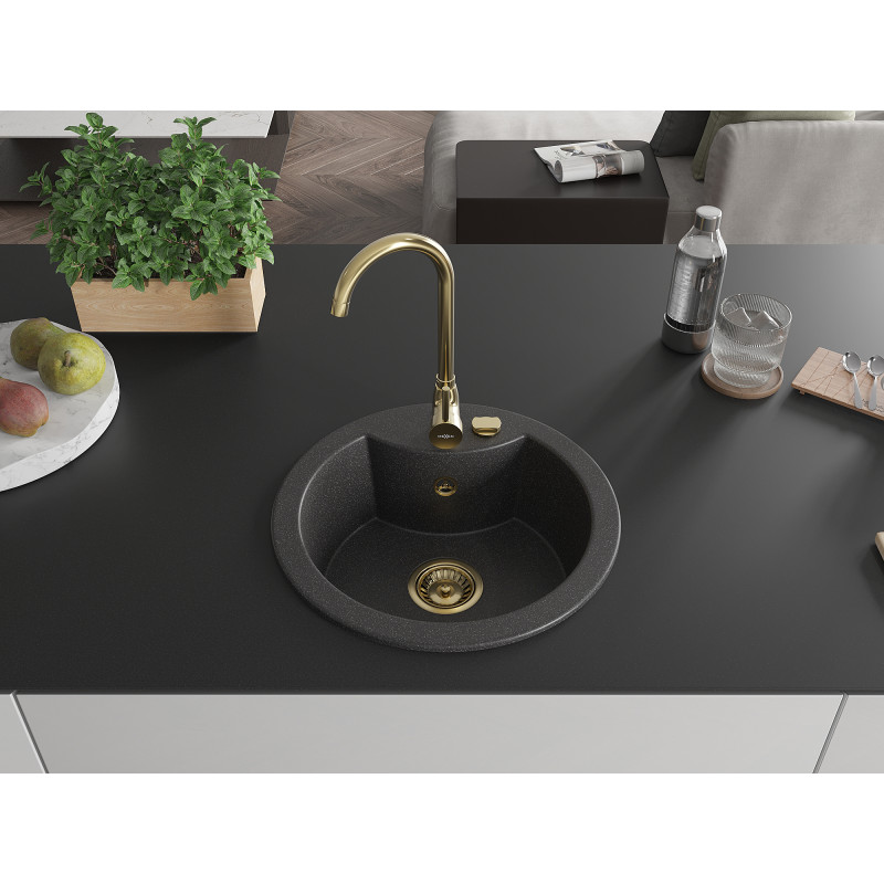 Mexen Diego 1 skyriuje granitinė virtuvės kriauklė 488 x 480 mm, juoda dėmėta, auksinis sifonas - 6512481000-76-G
