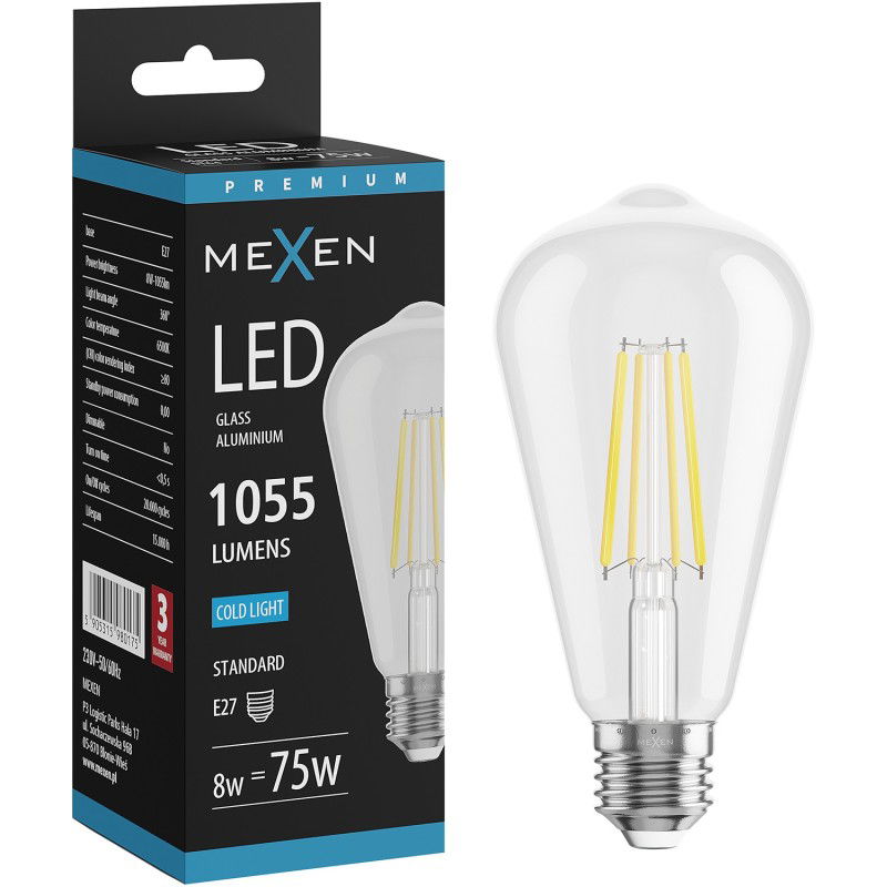 Mexen Vintis LED filamentinė lemputė E27, ST64, 8W, Šalta - 6500K, 1055 lm, skaidri - L152-E27-0865-00