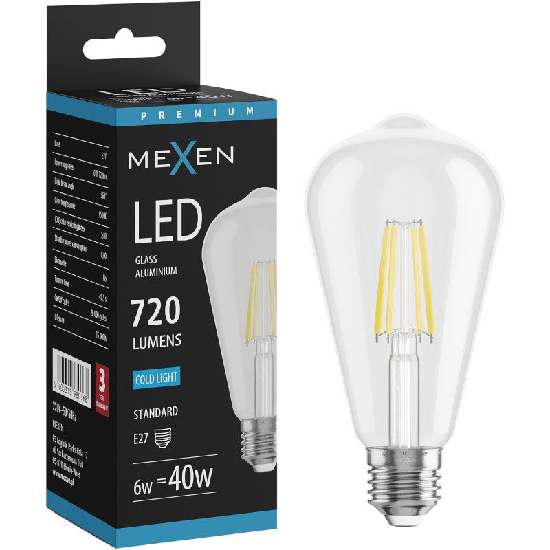 Mexen Vintis LED filamentinė lemputė E27, ST64, 6W, Šalta - 6500K, 720 lm, skaidri - L152-E27-0665-00