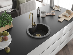 Mexen Diego granito plautuvė 1 skyrius 488 x 480 mm, juodas su taškeliais, sifonas auksinis - 6512481000-76-G