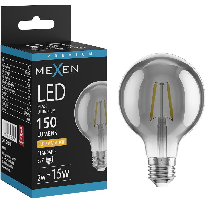 Mexen Vintis LED kaitinimo siūlelio lemputė E27, G80, 2W, Šilta - 2200K, 150 lm, dūminė - L155-E27-0222-70